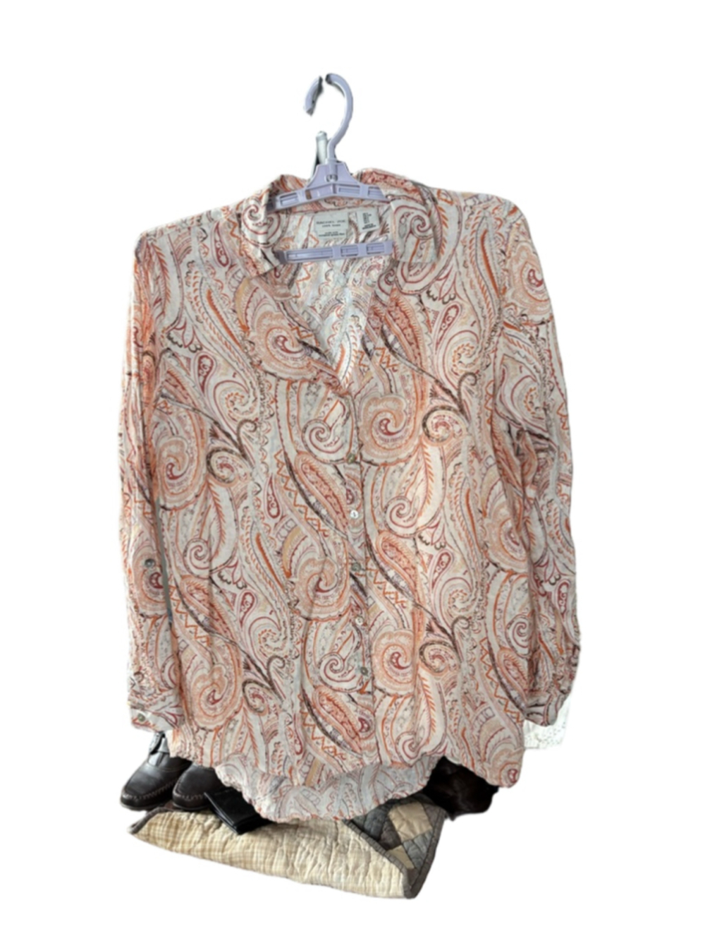 Women's Rachel Zoe White Orange Paisley Linen Button Down Shirt L